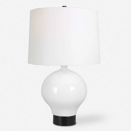 Uttermost Collar Gloss White Glazed Table Lamp With Linen Shade - Image 2