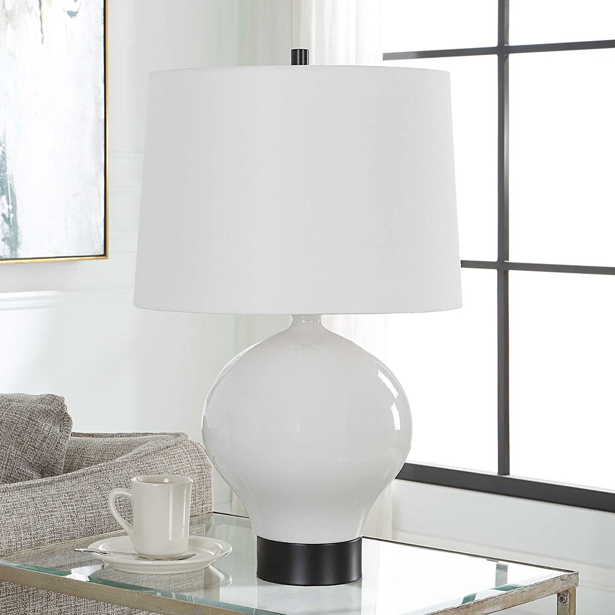 Uttermost Collar Gloss White Glazed Table Lamp With Linen Shade - Image 3