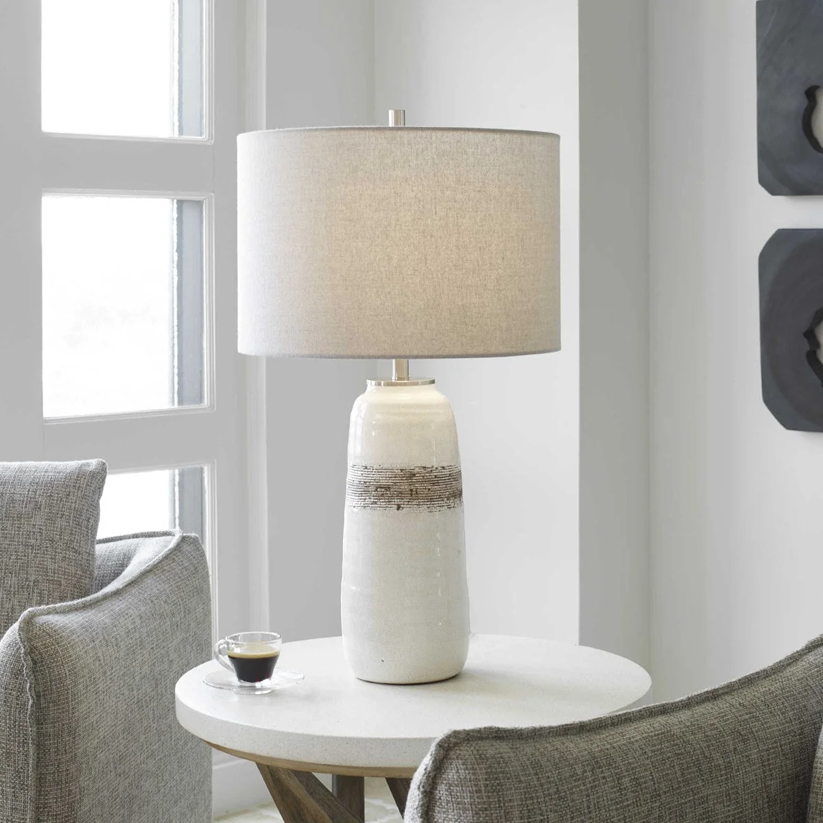 Uttermost Comanche Off-White Crackle Glazed Ceramic Table Lamp With Light Gray Linen Shade