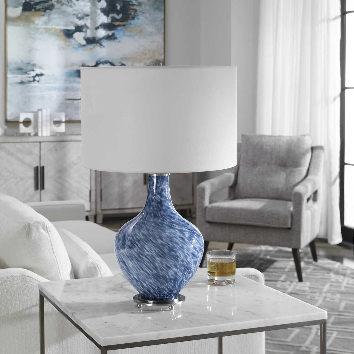 Uttermost Cove Colbalt Blue and White Glass Table Lamp With Linen Shade - Image 3