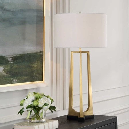 Uttermost Crossroads Antiqued Brass and Black Marble Table Lamp With White Linen Shade