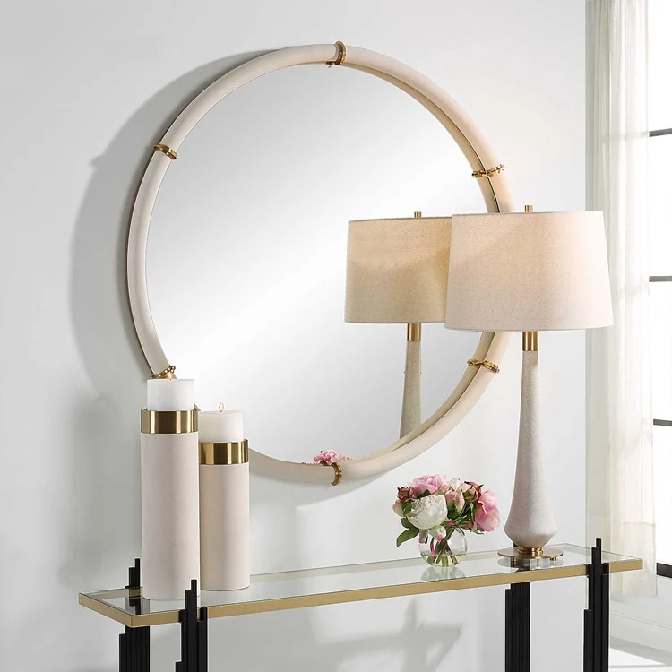 Uttermost Cyprus White Faux Shagreen Leather Wrapped Round Mirror - Image 3