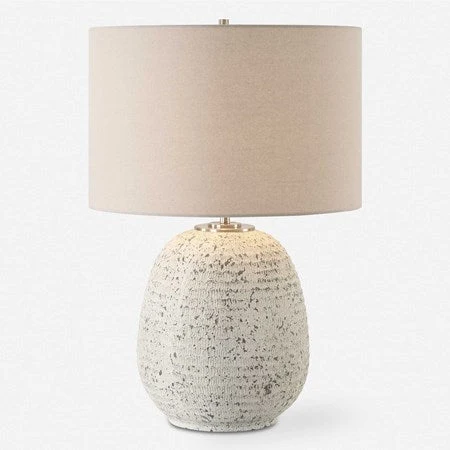 Uttermost Danala Distressed Stone Ivory Textured Ceramic Table Lamp With Light Beige Linen Shade - Image 2