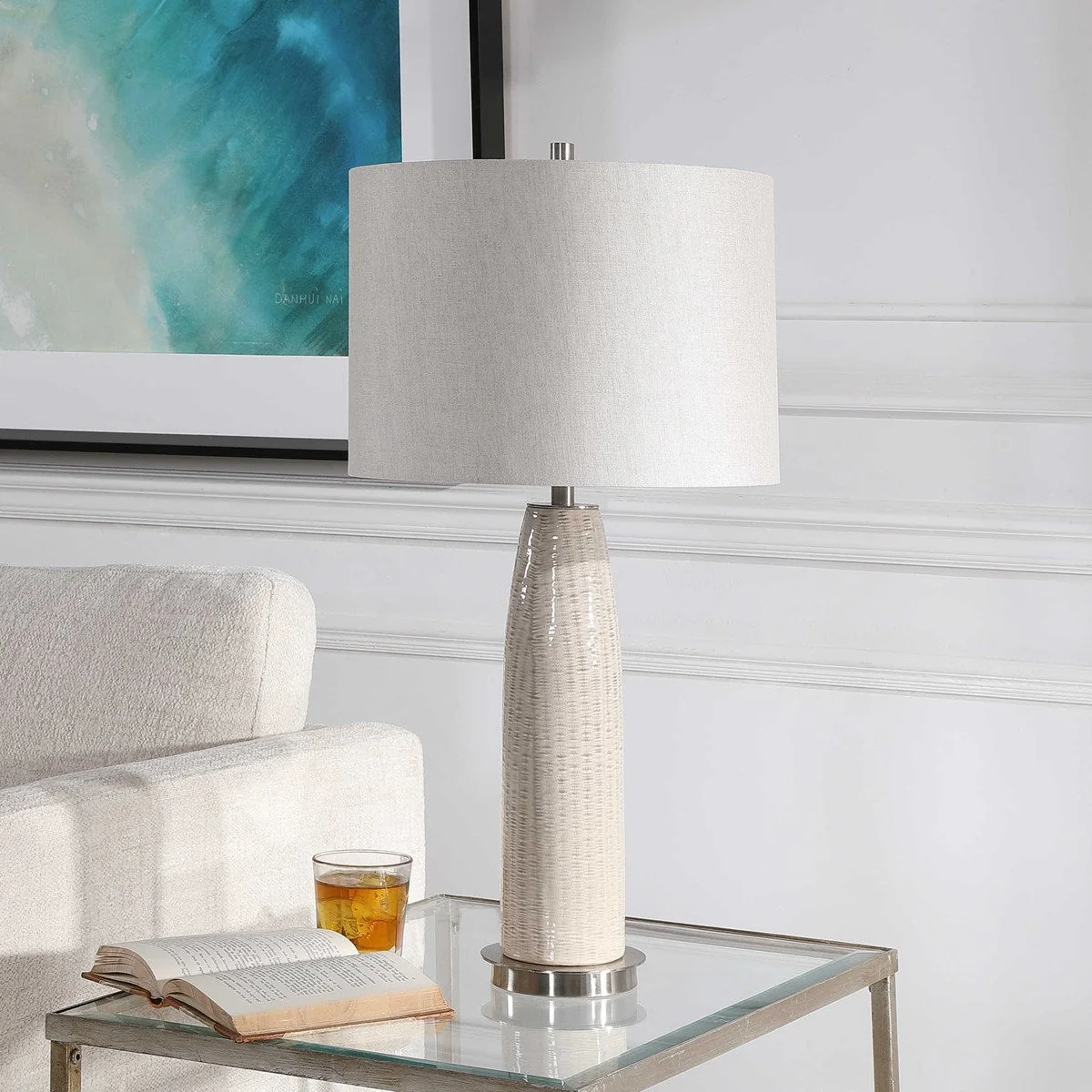 Uttermost Delgado Light Gray Glazed Ceramic Table Lamp With Linen Shade - Image 3