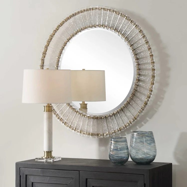 Uttermost Denali Textured Glass and Brushed Gold Iron Round Mirror - Image 3