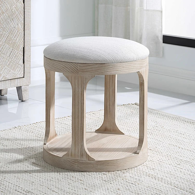 Uttermost Dennen Off White Fabric Cushioned Top Round Wood Bench