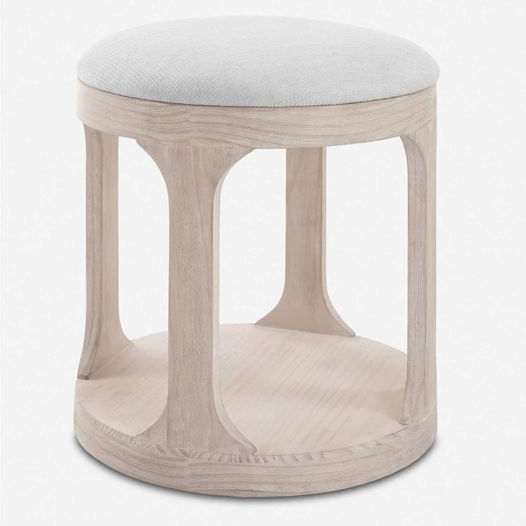 Uttermost Dennen Off White Fabric Cushioned Top Round Wood Bench - Image 2