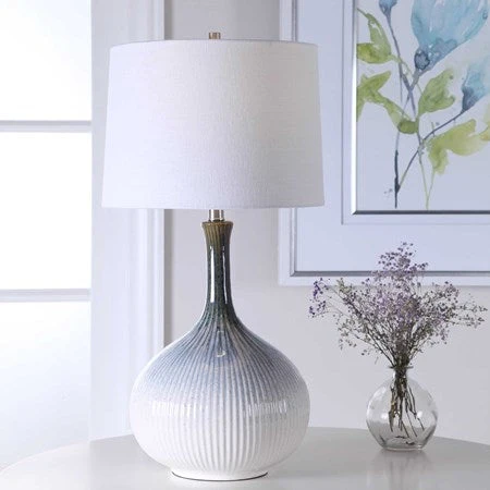 Uttermost Eichler Cream, Light Blue and Indigo Ceramic Table Lamp With Linen Shade - Image 3