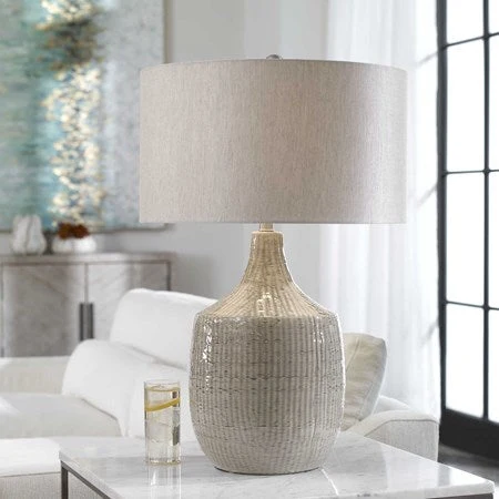 Uttermost Felipe Light Gray Ceramic Table Lamp With Linen Shade - Image 3