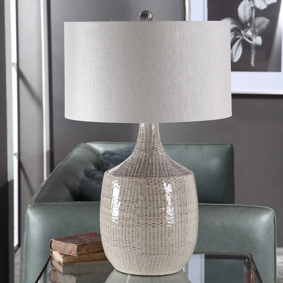 Uttermost Felipe Light Gray Ceramic Table Lamp With Linen Shade - Image 5