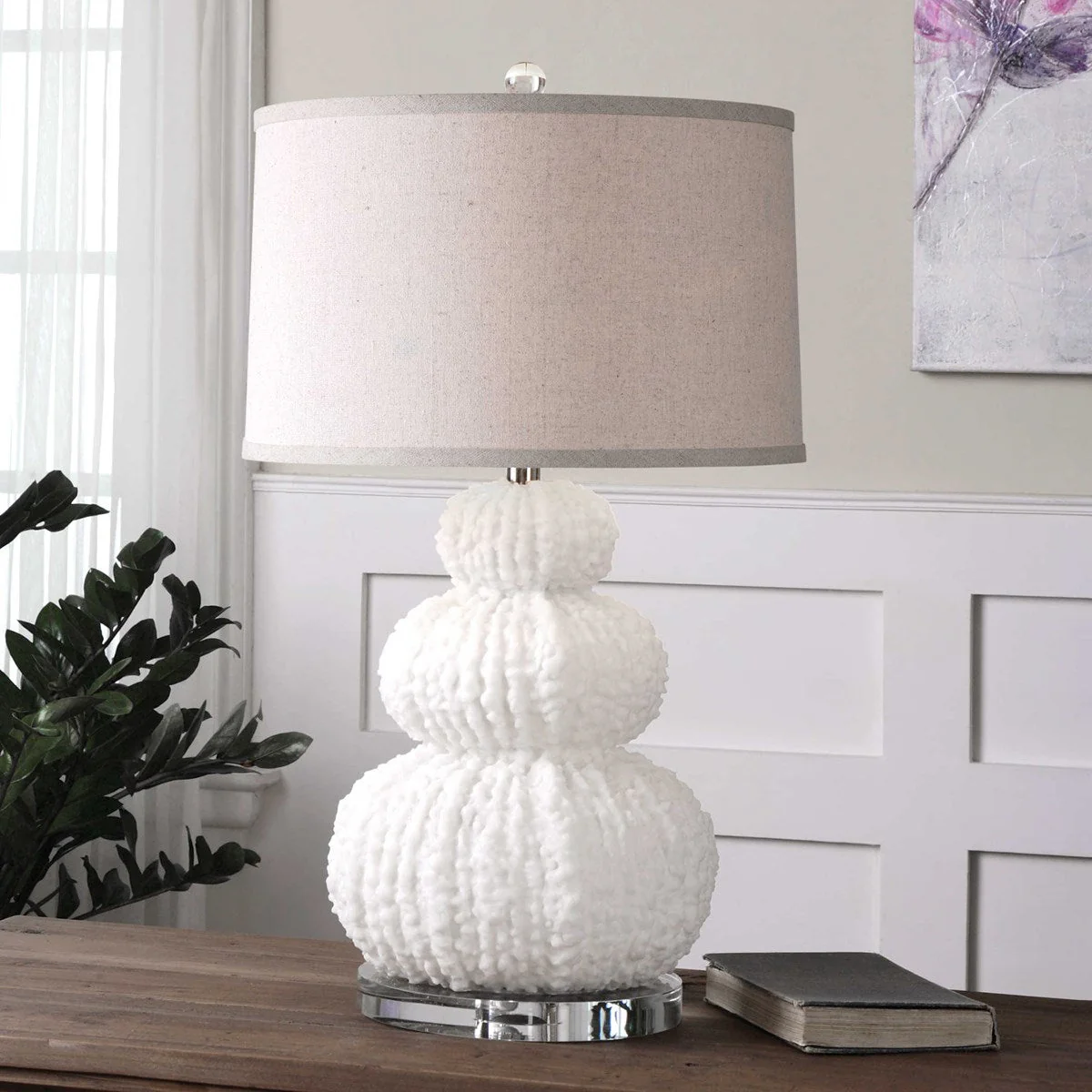 Uttermost Fontanne Ivory Textured Ceramic Table Lamp With Beige Linen Shade - Image 3