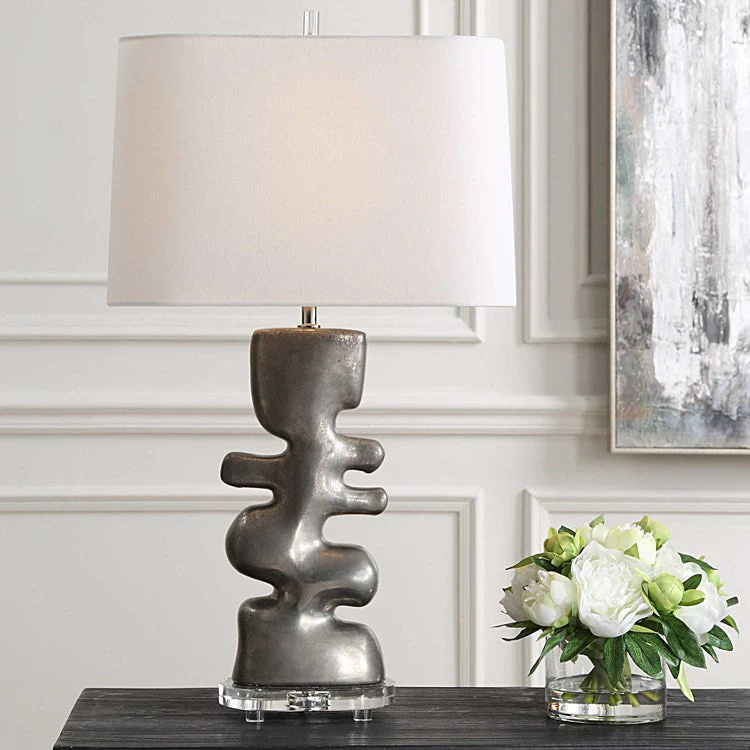 Uttermost Free Flowing Nickel Glaze Table Lamp With White Linen Shade - Image 7