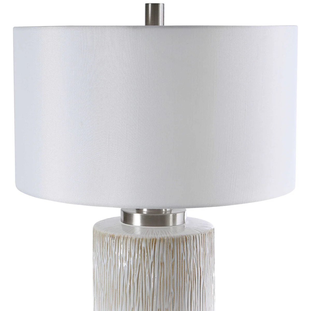 Uttermost Georgios Aged White Ceramic Cylinder Table Lamp With Linen Shade - Image 6