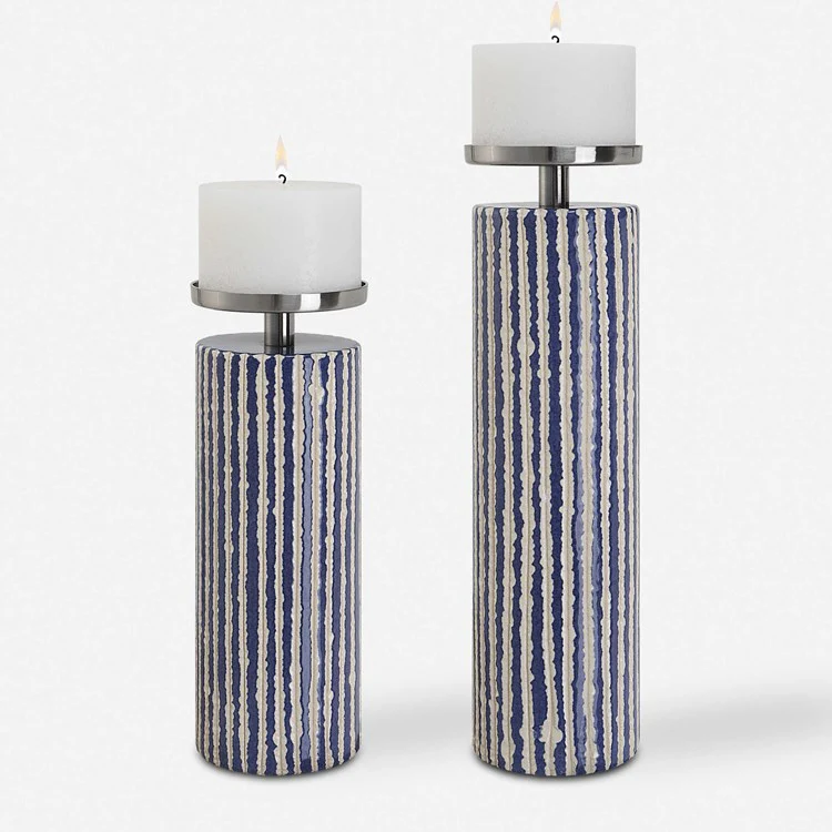 Uttermost Havana Ivory and Colbalt Blue Glaze Set of 2 Candle Holders  ~ Candles Included - Image 2