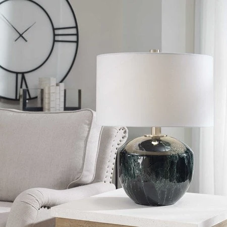 Uttermost Highlands Deep Emerald Green Glazed Ceramic Table Lamp With White Shade