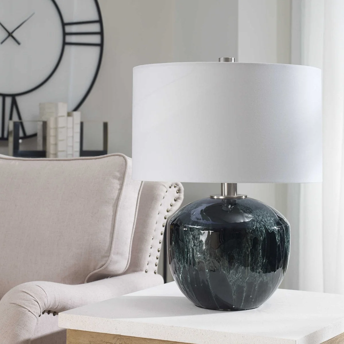 Uttermost Highlands Deep Emerald Green Glazed Ceramic Table Lamp With White Shade - Image 7