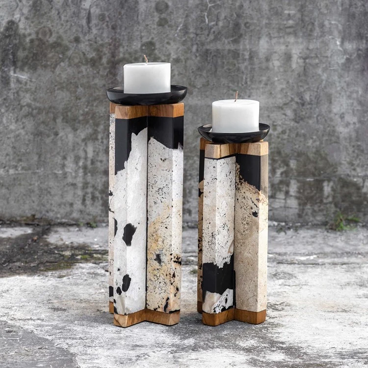 Uttermost Illini Natural Stone, Teak Wood and Aged Black Set of 2 Candle Holders ~ Candles Included - Image 2