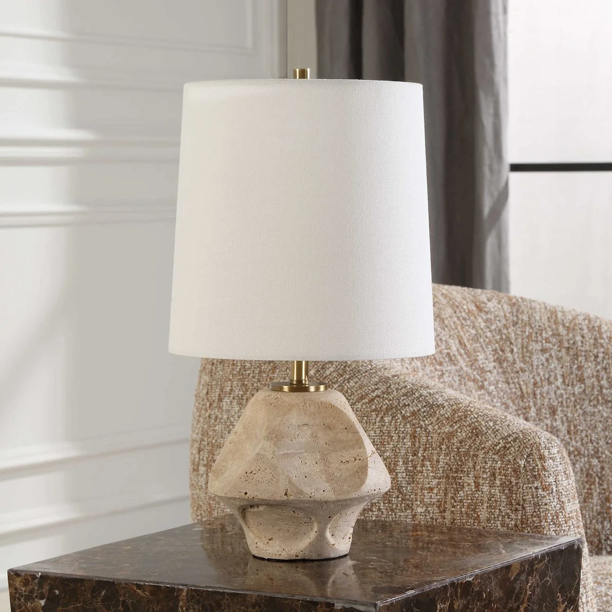 Uttermost Indent Travertine Accent Lamp With White Linen Shade - Image 3