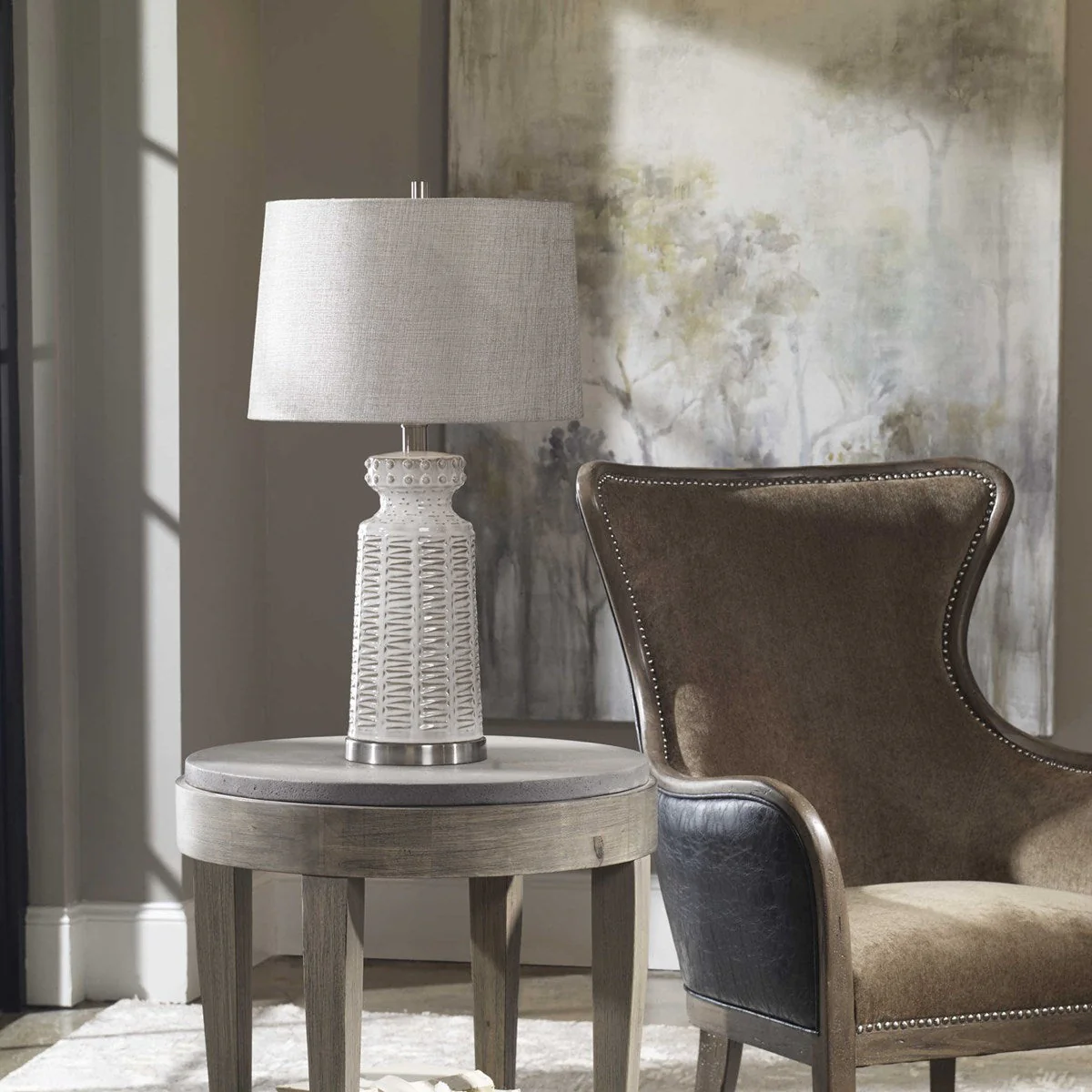 Uttermost Kansa Gloss White Glaze Table Lamp With Beige Linen Shade - Image 6