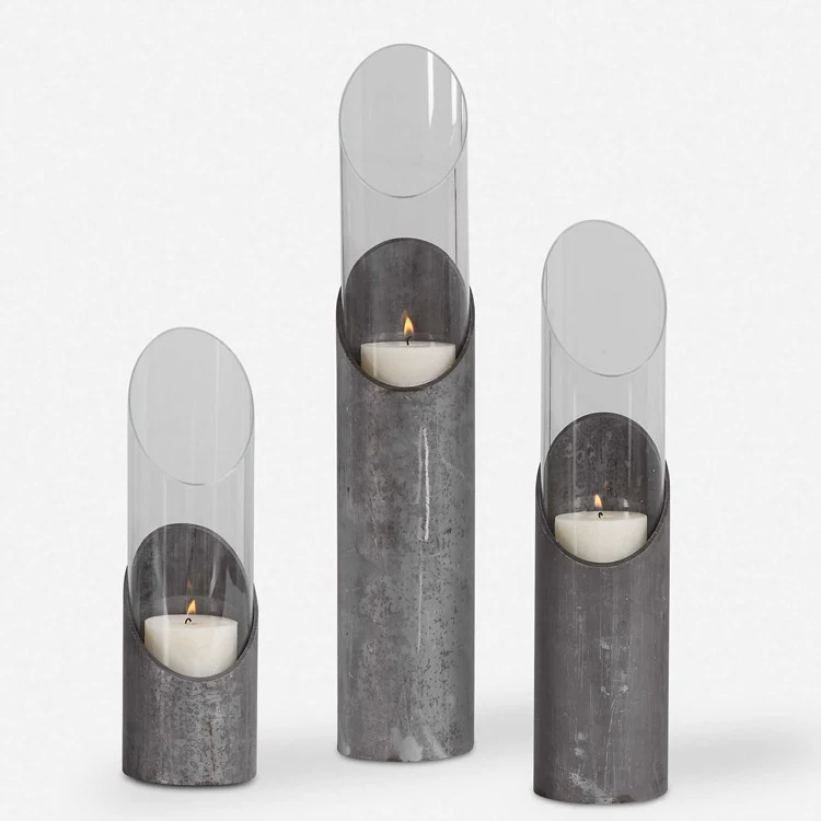 Uttermost Karter Iron and Glass Cylinder Set of 3 Candle Holders ~ Candles Included - Image 2