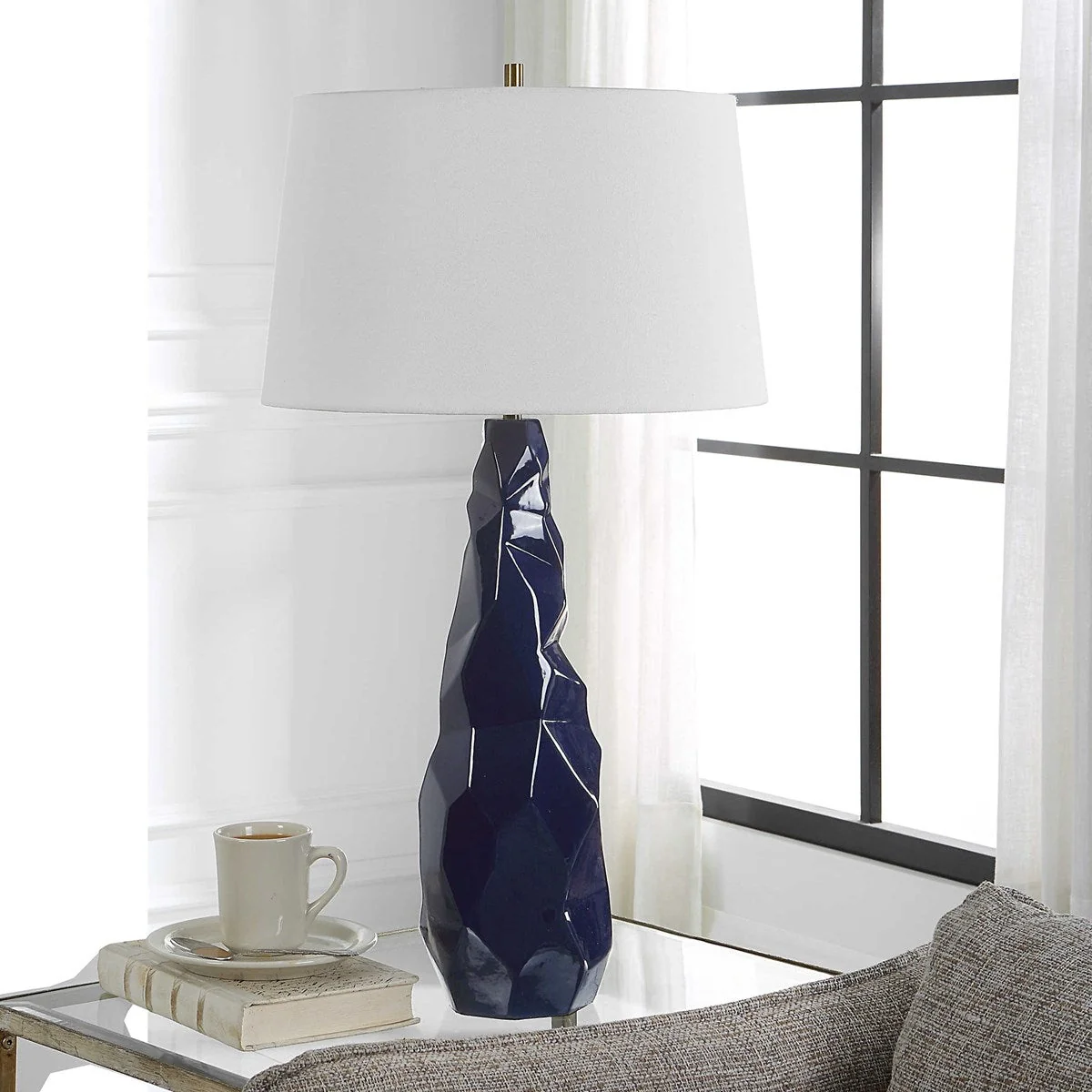 Uttermost Kavos Navy Blue Gloss Glazed Ceramic Table Lamp With White Linen Shade - Image 7