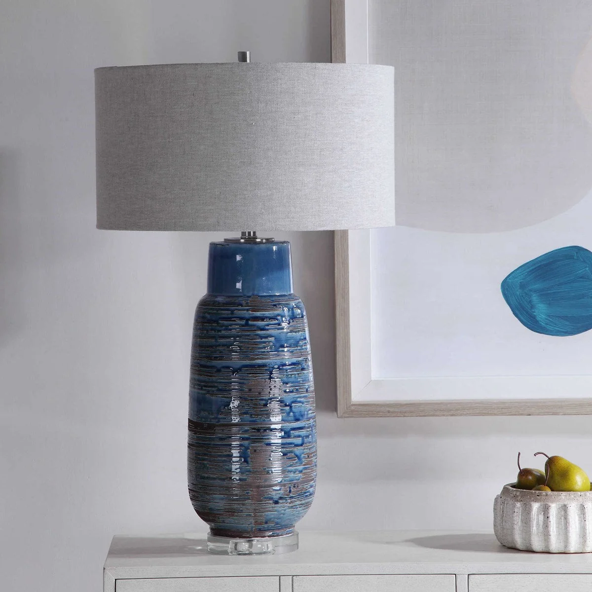 Uttermost Magellan Indigo Blue Glazed Ceramic Table Lamp With Linen Shade - Image 3
