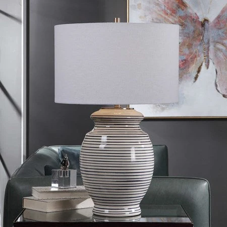 Uttermost Marisa Off-White and Navy Blue Striped Ceramic Table Lamp With White Linen Shade