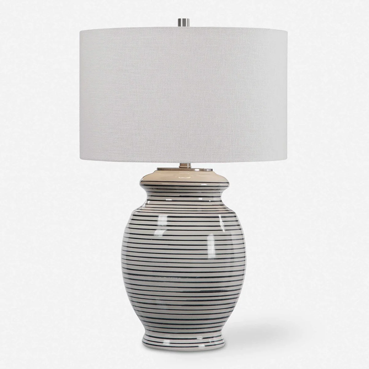 Uttermost Marisa Off-White and Navy Blue Striped Ceramic Table Lamp With White Linen Shade - Image 3