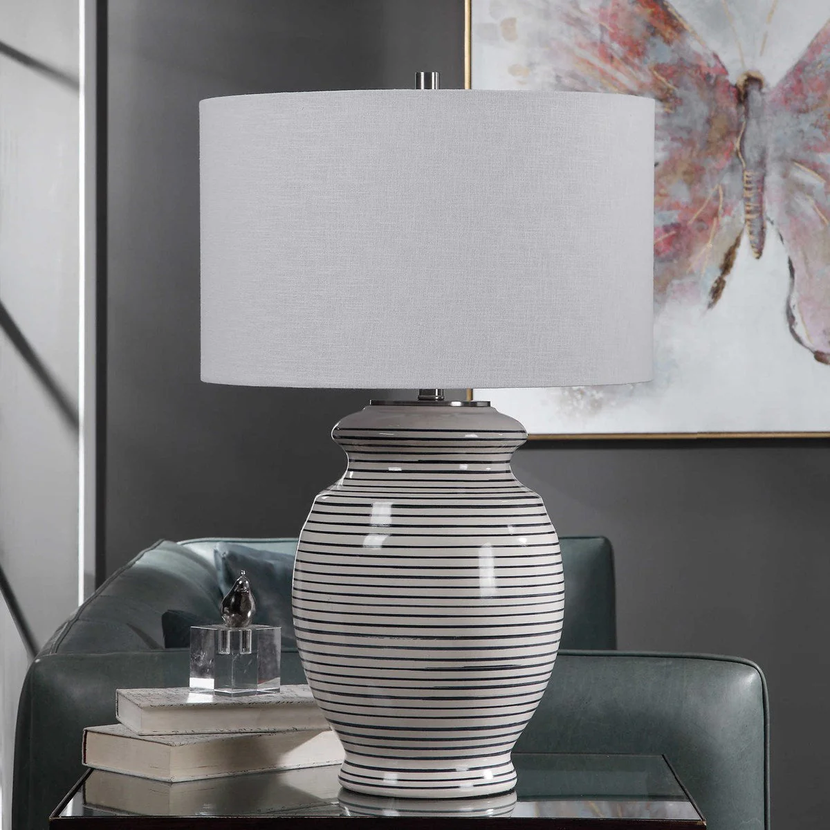 Uttermost Marisa Off-White and Navy Blue Striped Ceramic Table Lamp With White Linen Shade - Image 4
