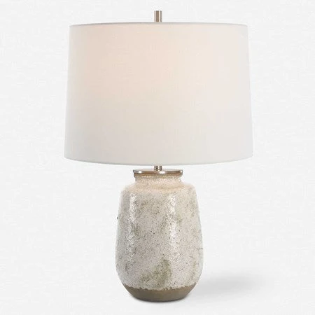 Uttermost Medan Taupe and Dove Gray Glazed Ceramic Table Lamp With White Linen Shade - Image 3
