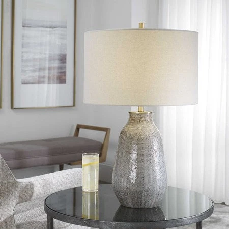 Uttermost Monacan Taupe and Gray Ceramic Table Lamp With Off-White Shade - Image 3