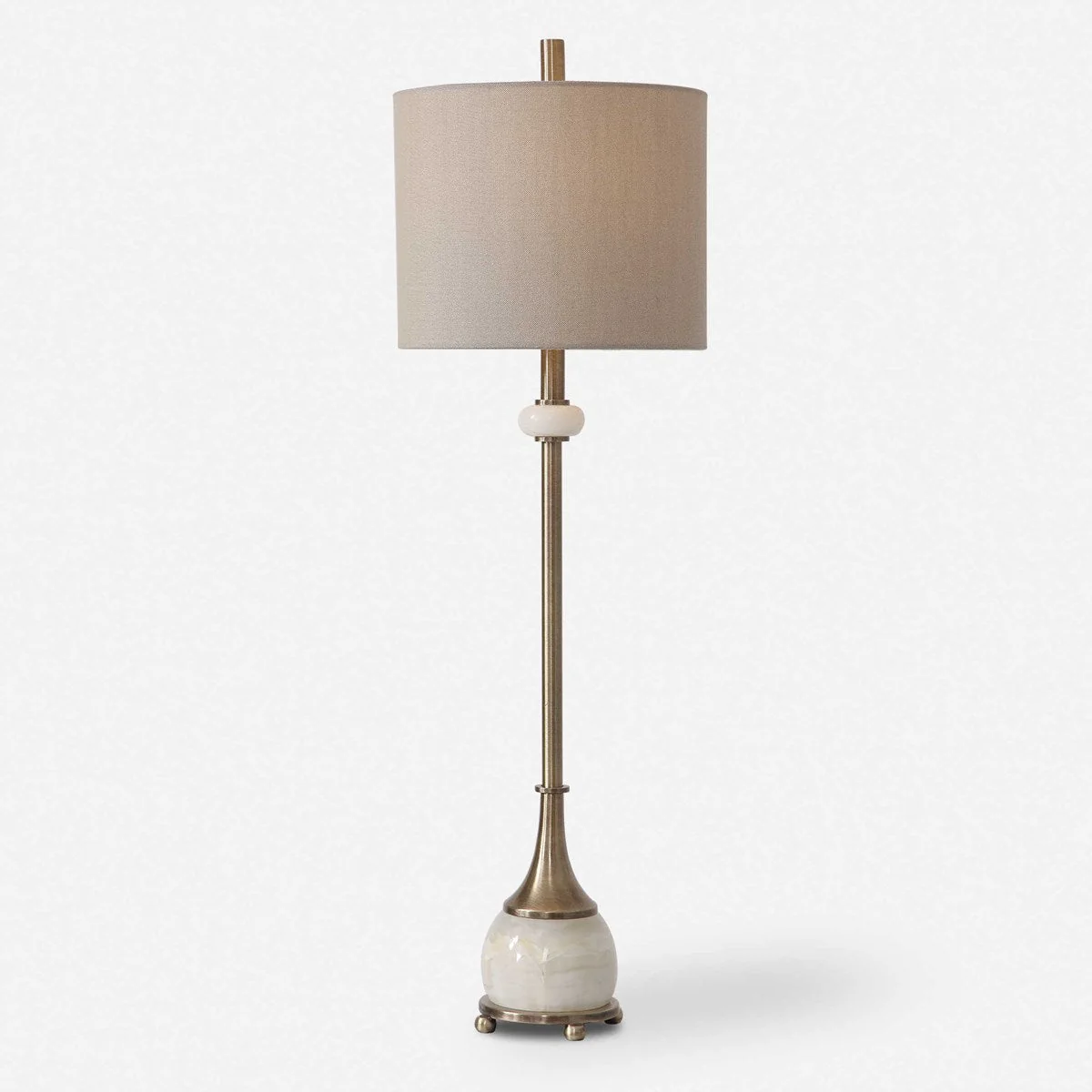 Uttermost Natania Antiqued Brass and White Marble Buffet Lamp With Linen Shade - Image 3