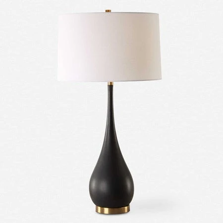 Uttermost Nocturnal Black Stone and Brass Table Lamp With White Linen Shade - Image 2