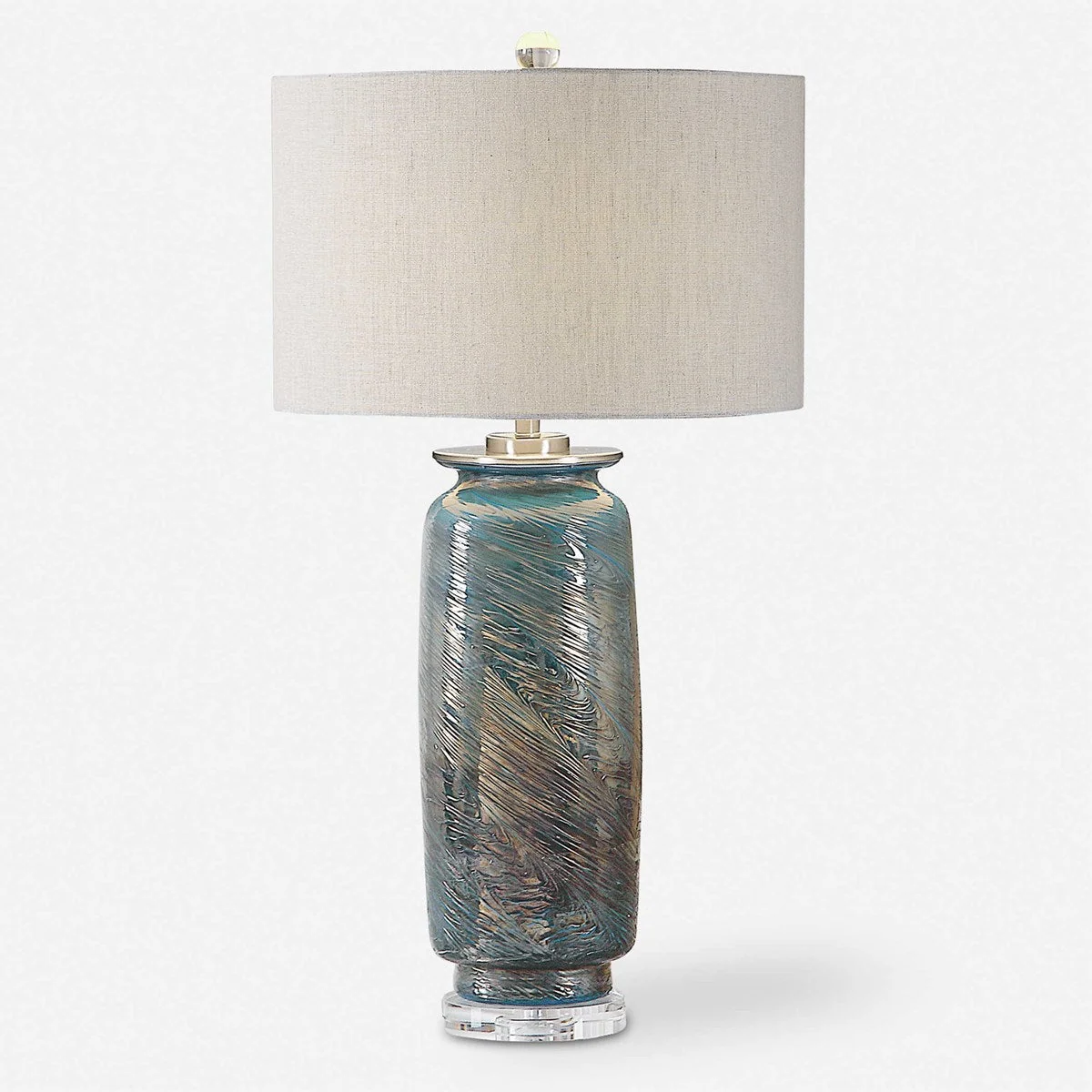 Uttermost Olesya Ocean Blue and Metallic Bronze Table Lamp With Beige Linen Shade - Image 4