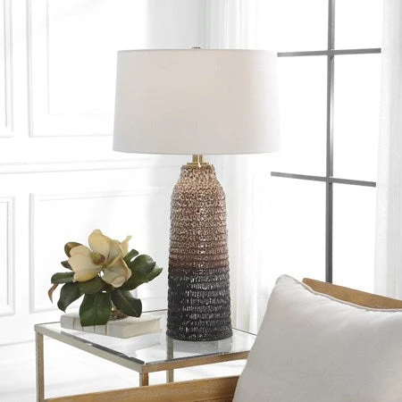 Uttermost Padma Aged Ivory and Chocolate Brown Ombré Ceramic Table Lamp With White Linen Shade - Image 3