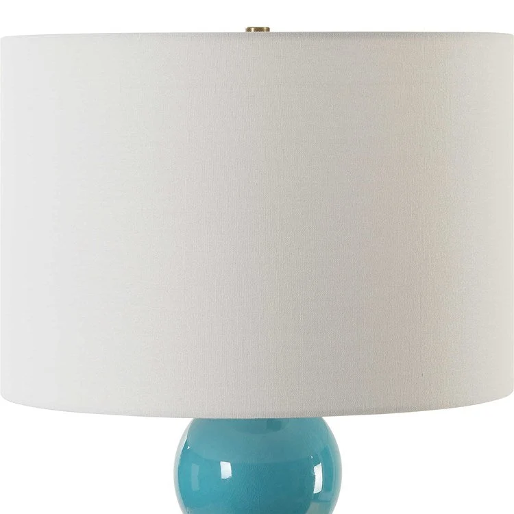 Uttermost Palawan Turquoise Blue Glazed Ceramic Table Lamp With White Linen Fabric - Image 6