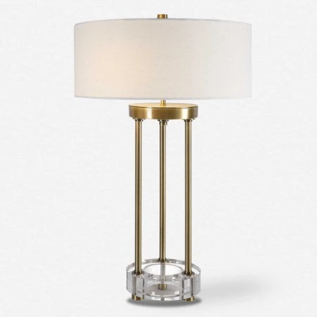 Uttermost Pantheon Antiqued Brass Iron Table Lamp With White Linen Shade - Image 2