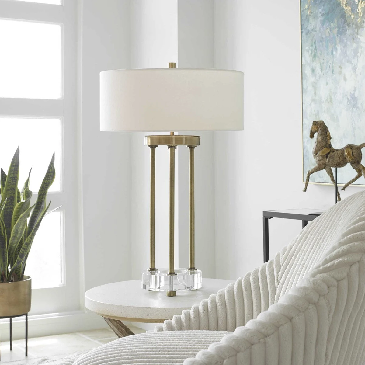 Uttermost Pantheon Antiqued Brass Iron Table Lamp With White Linen Shade - Image 3