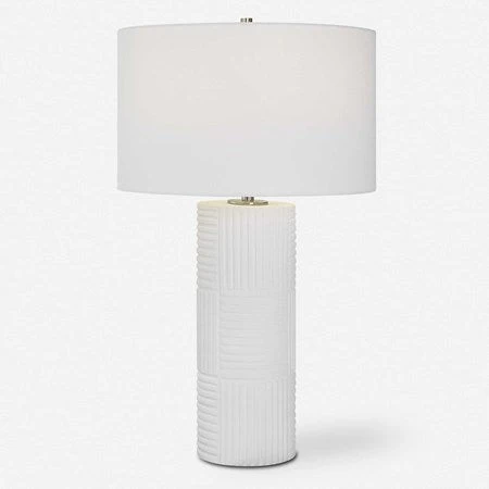 Uttermost Patchwork Soft White Glazed Ceramic Table Lamp With Linen Shade - Image 2