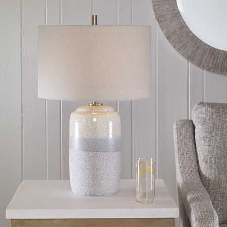 Uttermost Pinpoint Mottled White and Gray Ceramic Table Lamp With Linen Shade - Image 2