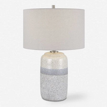 Uttermost Pinpoint Mottled White and Gray Ceramic Table Lamp With Linen Shade - Image 3