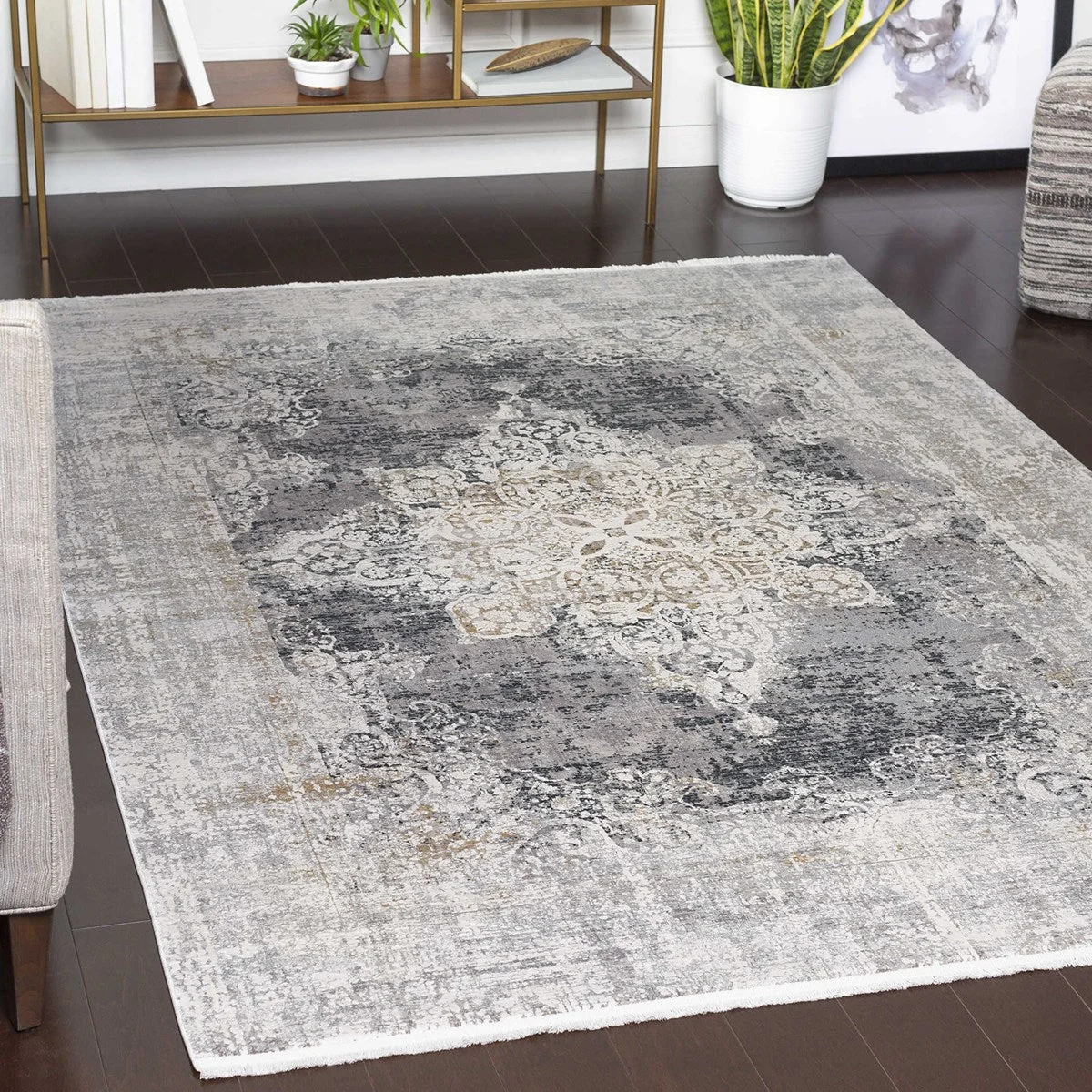 Uttermost Poneto White, Gray, Charcoal and Saffron Rug ~ 9'6" x 13' - Image 4