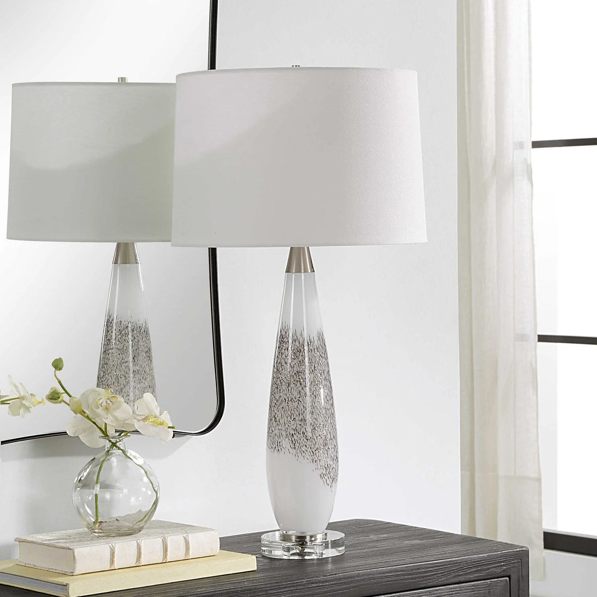 Uttermost Quinn Mottled Gray and Metallic Silver Table Lamp With Linen Shade