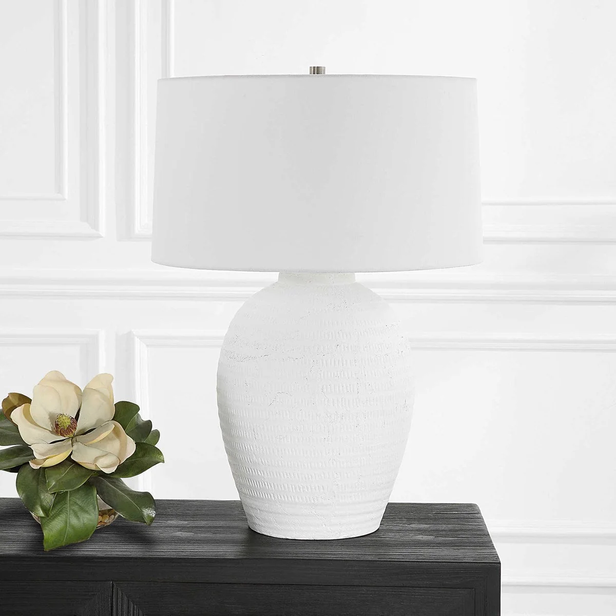 Uttermost Reyna Chalk White Glazed Ceramic Table Lamp With Linen Shade - Image 3