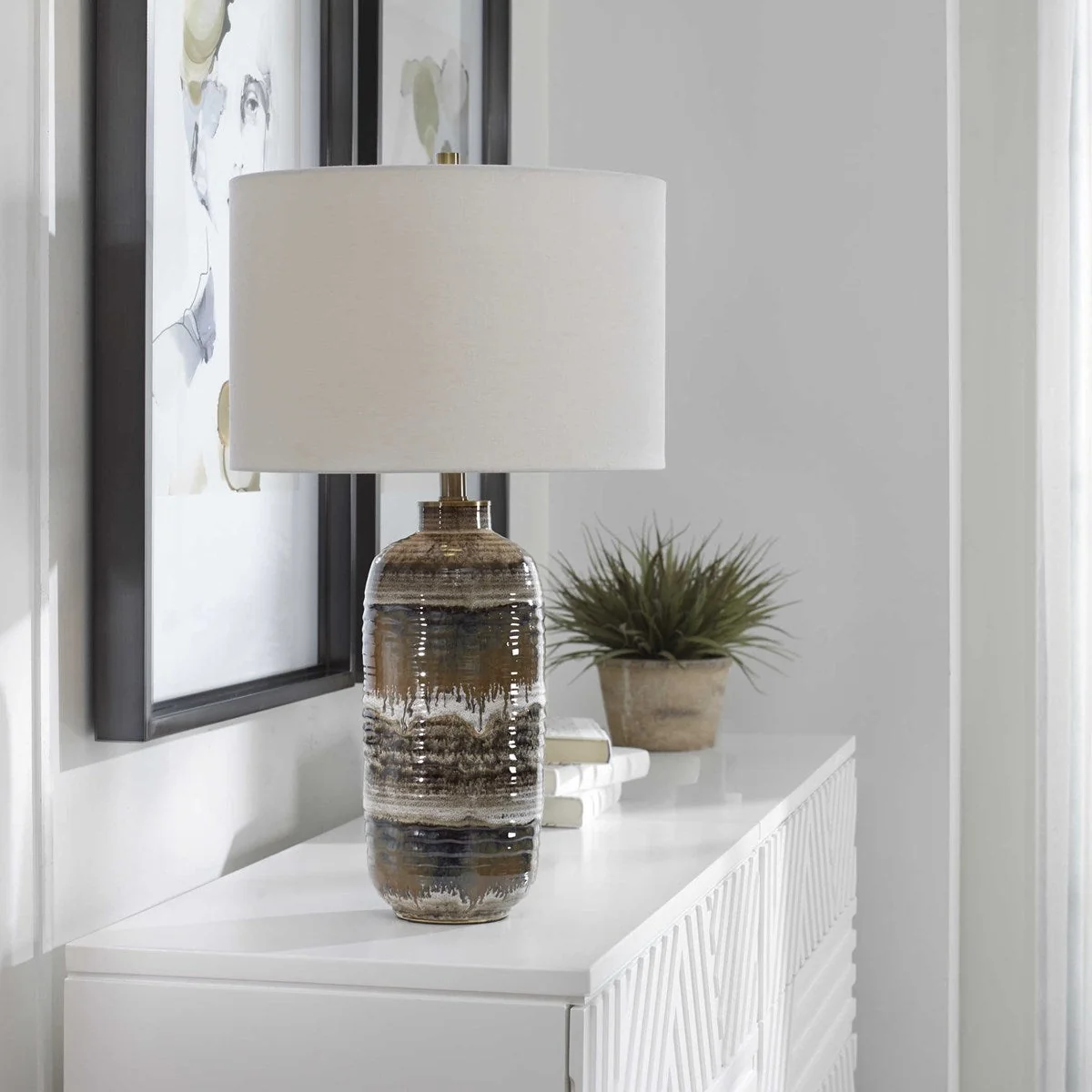 Uttermost Roan Clay, Taupe and Charcoal Ceramic Table Lamp With White Linen Shade - Image 3