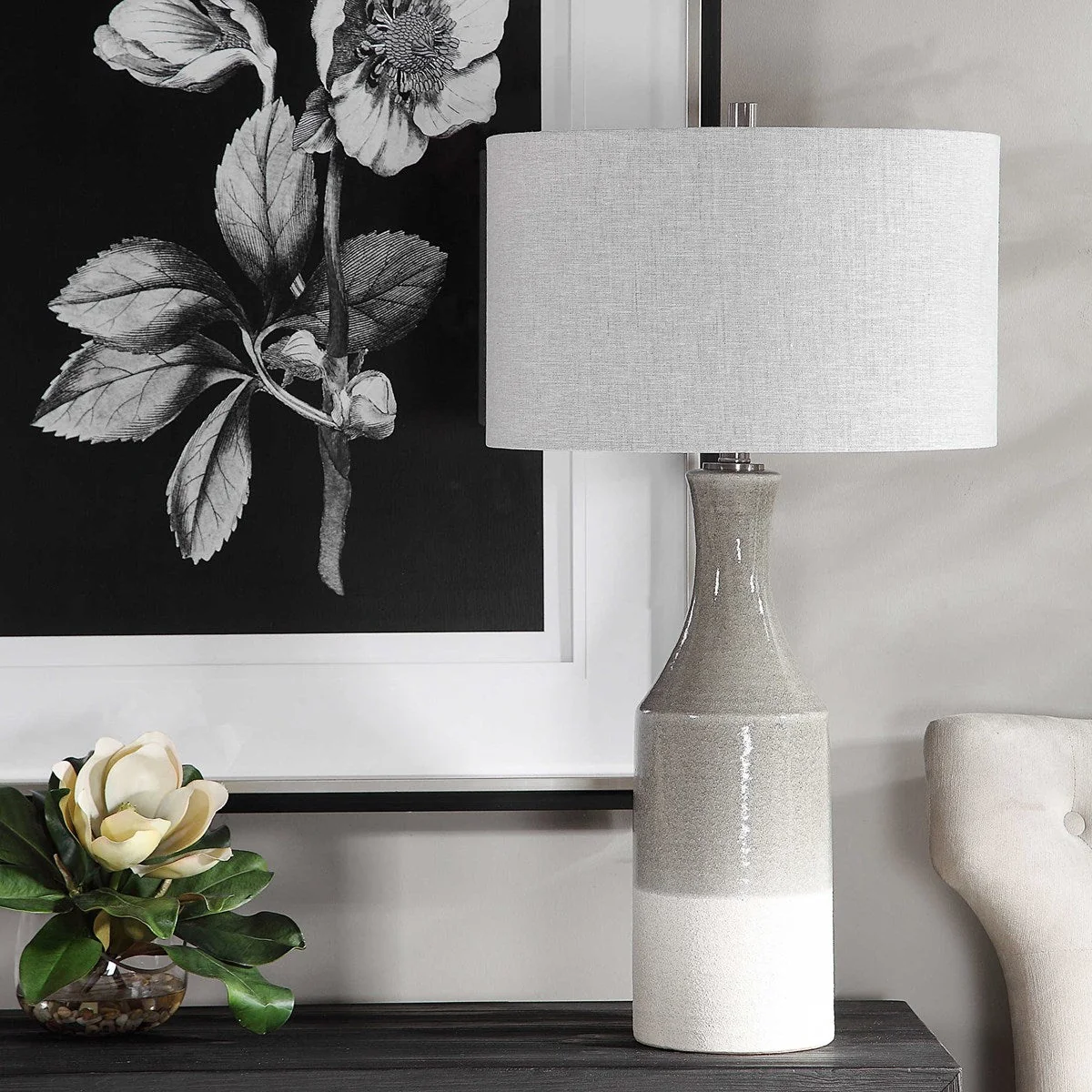 Uttermost Savin Glossy Gray Glazed Ceramic Table Lamp With Linen Shade - Image 3