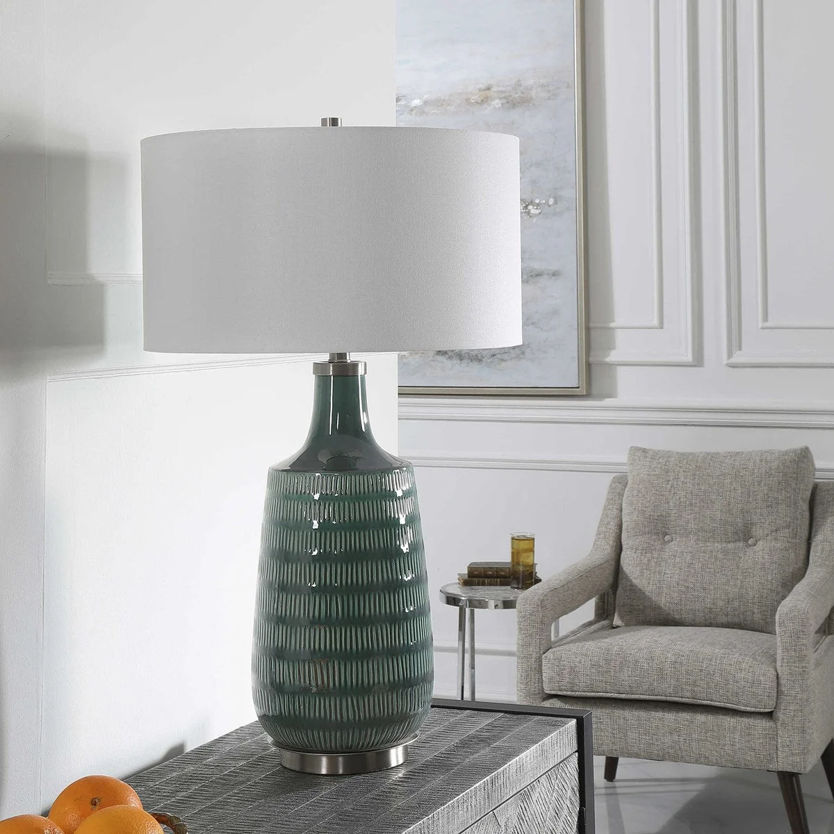 Uttermost Scouts Deep Teal Glaze Ceramic Table Lamp With White Shade - Image 2