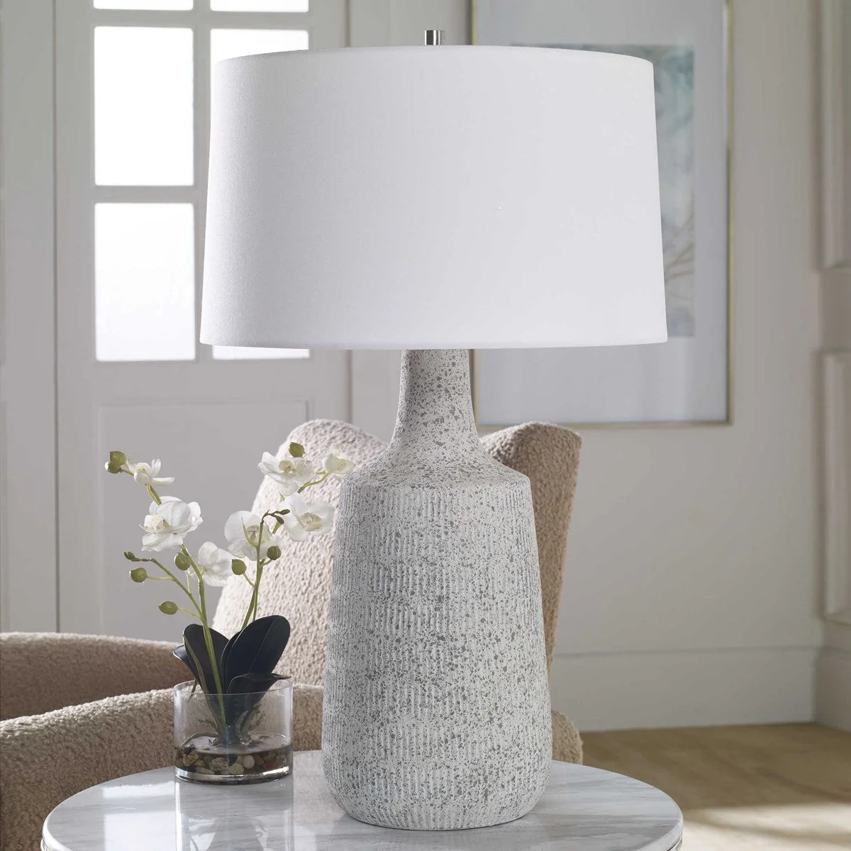Uttermost Scouts Off-White Matte Glaze Ceramic Table Lamp With White Shade - Image 3