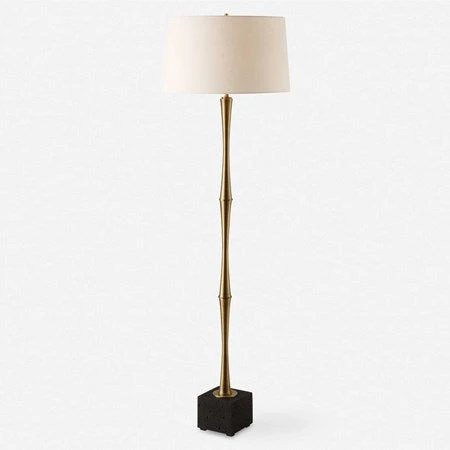 Uttermost Shino Antique Brass Iron Floor Lamp With White Linen Shade - Image 2