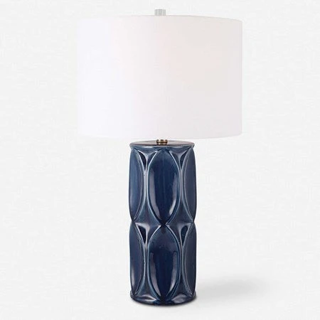 Uttermost Submerged Glossy Navy Blue Glaze Ceramic Table Lamp With White Shade - Image 2